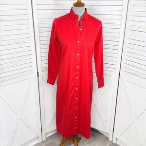 Vintage Stuart Randolph Button Down Shirt Dress Red Small Midi Long Sleeve